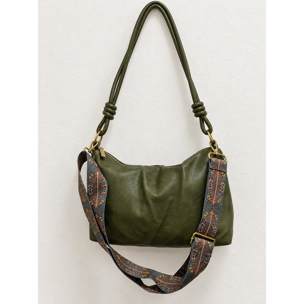 Olive Green faux Vegan Leather Slouchy Hobo Bag with Paisley Crossbody Strap
